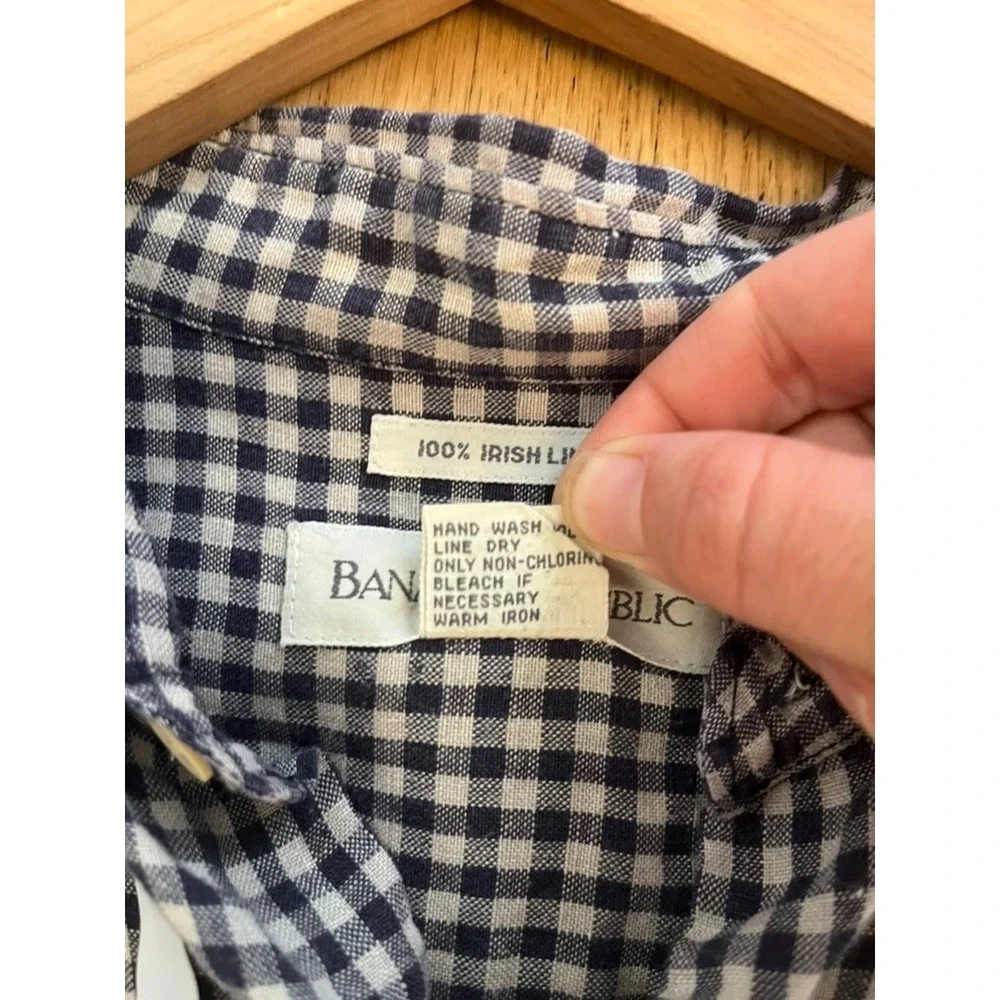 Banana Republic Mens XL 100% Irish Linen Gingham Button Down Shirt Navy White